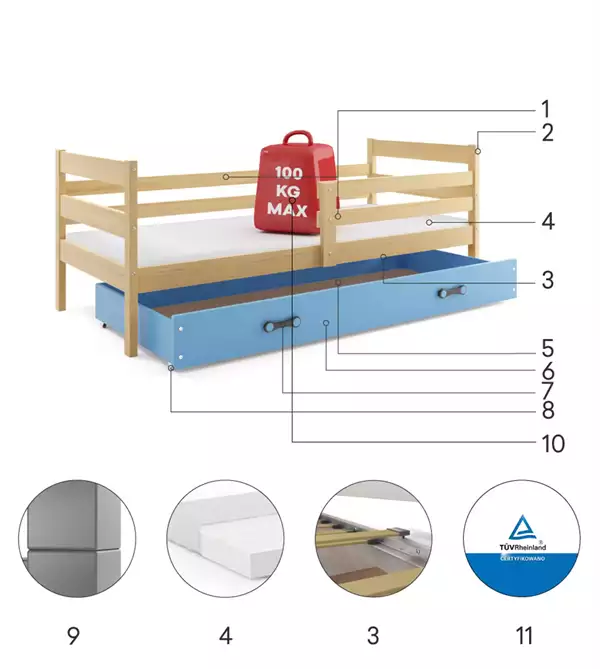 Beståndsdelar för Enkel ungdomssäng ERYK 90X190 med madrass och låda, furu/blå