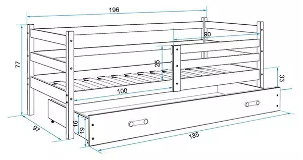 Storlek på Enkel ungdomssäng ERYK 90X190 med madrass och låda, furu/blå