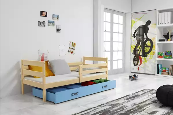 Visualisering av Enkel ungdomssäng ERYK 90X190 med madrass och låda, furu/blå
