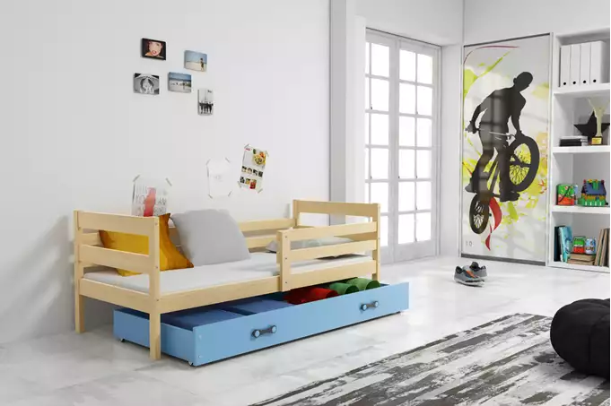 Visualisering av Enkel ungdomssäng ERYK 90X190 med madrass och låda, furu/blå