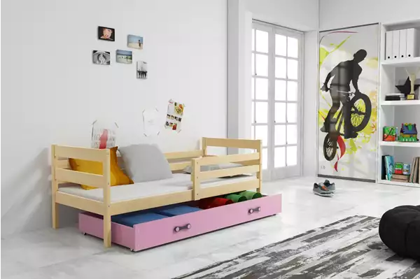 Visualisering av Enkel ungdomssäng ERYK 90X200 med låda, furu/rosa