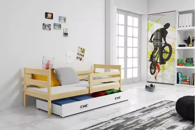 Visualisering av Enkel ungdomssäng ERYK 90X200 med låda, furu/vit