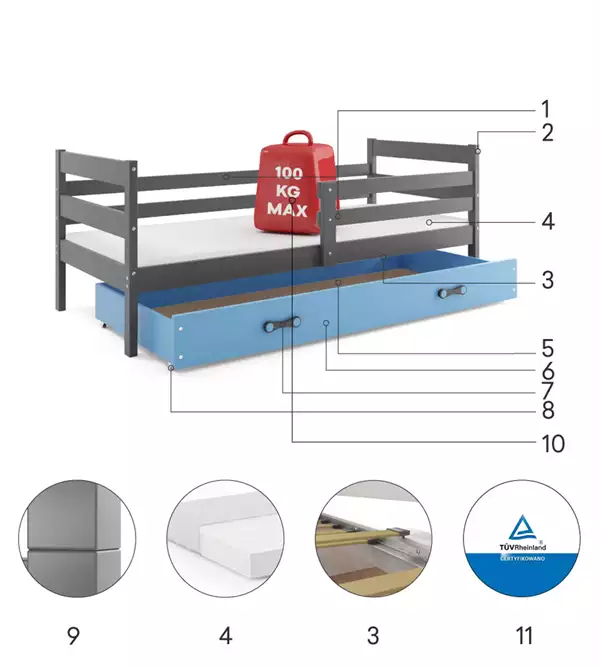 Beståndsdelar för Enkel ungdomssäng ERYK 90X200 med låda, grafit/blå