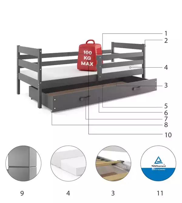 Beståndsdelar för Enkel ungdomssäng ERYK 90X200 med låda, grafitfärgad Beståndsdelar för Enkel ungdomssäng ERYK 90X200 med låda, grafitfärgad