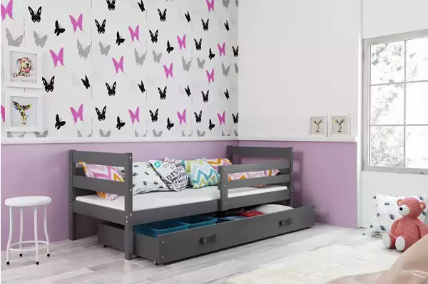 Visualisering av Enkel ungdomssäng ERYK 90X200 med låda, grafitfärgad Visualisering av Enkel ungdomssäng ERYK 90X200 med låda, grafitfärgad