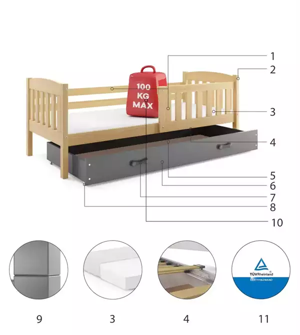 Beståndsdelar för Enkel ungdomssäng KUBUŚ 80X190 med låda, furu/grafit Beståndsdelar för Enkel ungdomssäng KUBUŚ 80X190 med låda, furu/grafit