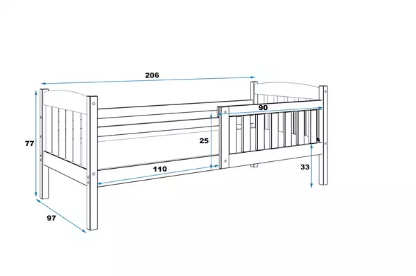 Storlek på Enkel ungdomssäng KUBUŚ 90X200, furu Storlek på Enkel ungdomssäng KUBUŚ 90X200, furu