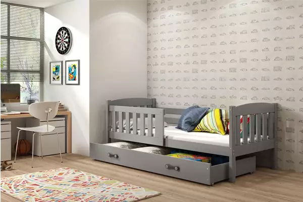 Visualisering av Enkel ungdomssäng KUBUŚ 90X200 med madrass och låda, grafit