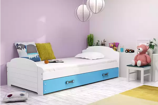 Visualisering av Enkel ungdomssäng LILI 90X200 med låda, vit/blå