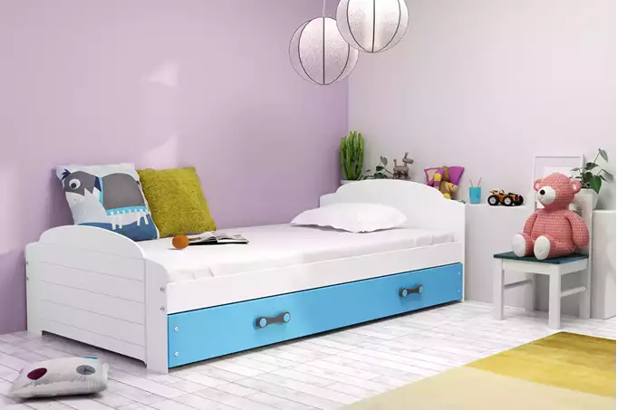 Visualisering av Enkel ungdomssäng LILI 90X200 med låda, vit/blå