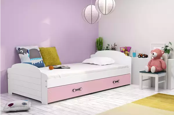 Visualisering av Enkel ungdomssäng LILI 90X200 med låda, vit/rosa
