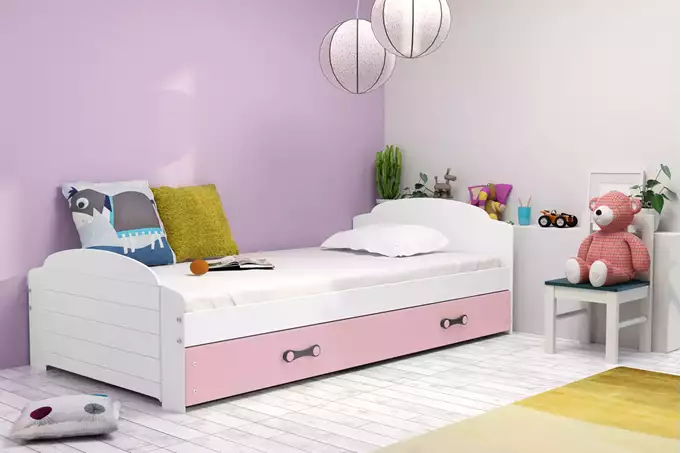 Visualisering av Enkel ungdomssäng LILI 90X200 med låda, vit/rosa