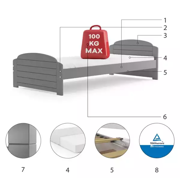 Beståndsdelar för Enkel ungdomssäng LILI 90X200 med madrass, grafit Beståndsdelar för Enkel ungdomssäng LILI 90X200 med madrass, grafit
