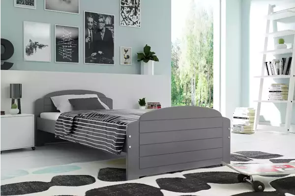 Visualisering av Enkel ungdomssäng LILI 90X200 med madrass, grafit Visualisering av Enkel ungdomssäng LILI 90X200 med madrass, grafit