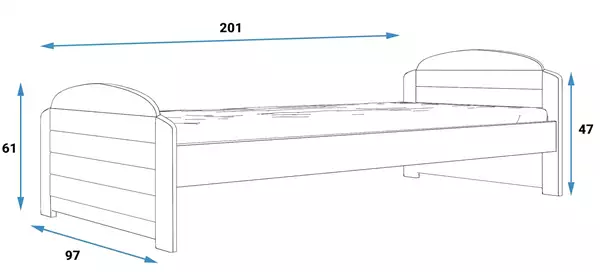 Storlek på Enkel ungdomssäng LILI 90X200, vit