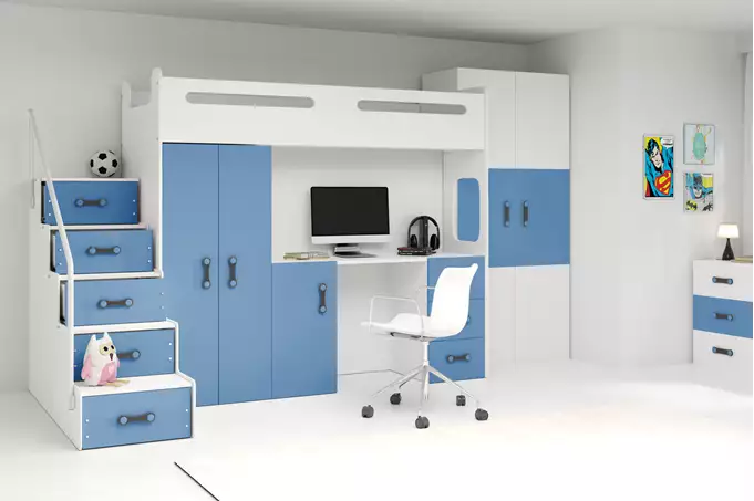 Visualisering av Enkel ungdomssäng MAX 4 80X200 med madrass och skrivbord, blå