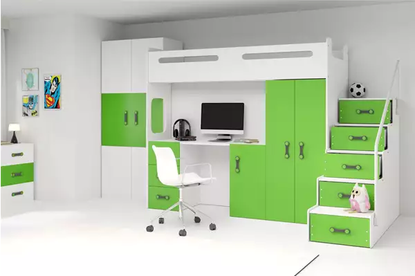 Visualisering av Enkel ungdomssäng MAX 4 80X200 med madrass och skrivbord, grön