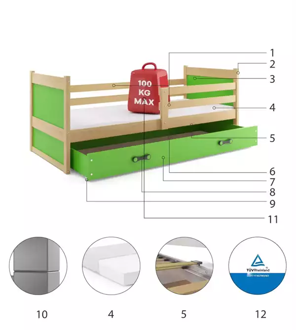 Beståndsdelar för Enkel ungdomssäng RICO 80X190 med låda, furu/grön