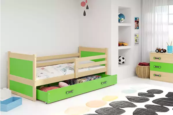 Visualisering av Enkel ungdomssäng RICO 80X190 med låda, furu/grön