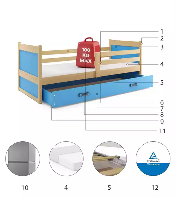 Beståndsdelar för Enkel ungdomssäng RICO 80x190 med madrass och låda, furu/blå
