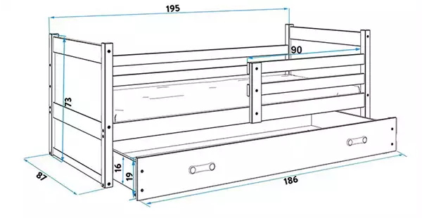 Storlek på Enkel ungdomssäng RICO 80x190 med madrass och låda, furu/blå