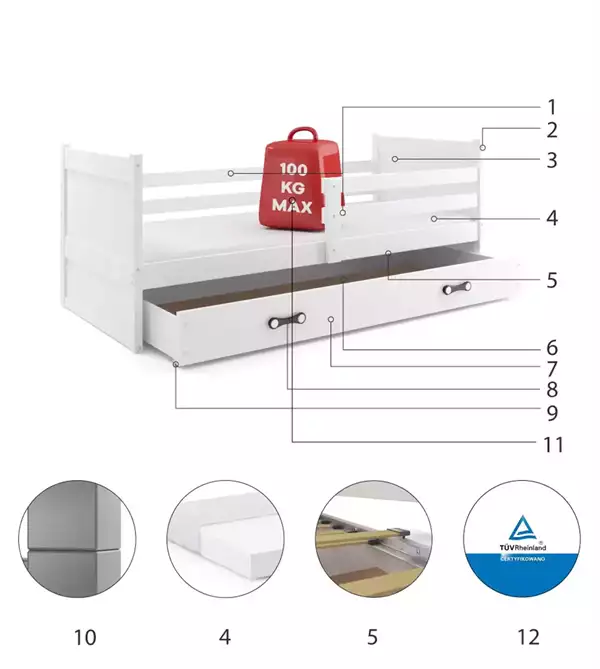 Beståndsdelar för Enkel ungdomssäng RICO 80X190 med madrass och låda, vit