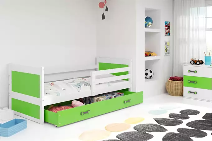 Visualisering av Enkel ungdomssäng RICO 80x190 med madrass och låda, vit/grön