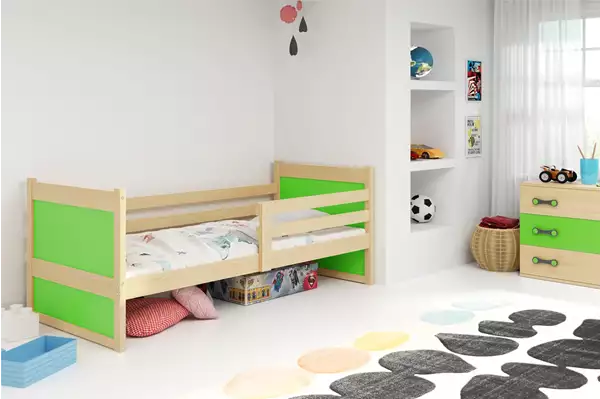 Visualisering av Enkel ungdomssäng RICO 90x190, furu/grön