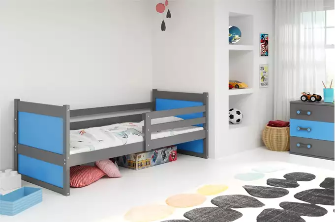 Visualisering av Enkel ungdomssäng RICO 90X190, grafit/blå