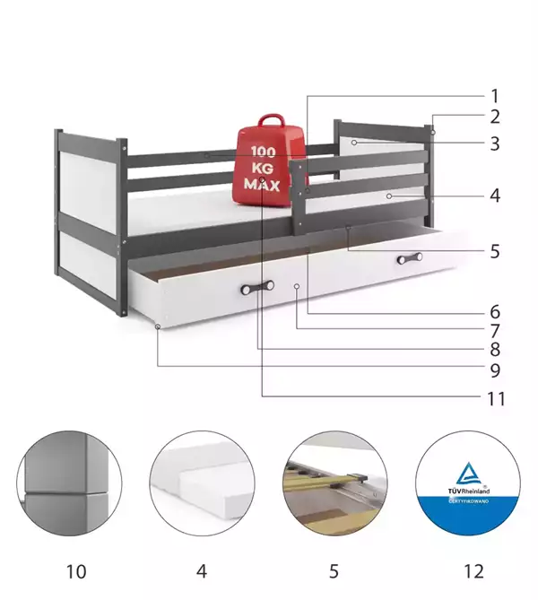 Beståndsdelar för Enkel ungdomssäng RICO 90X190 med låda, grafit/vit
