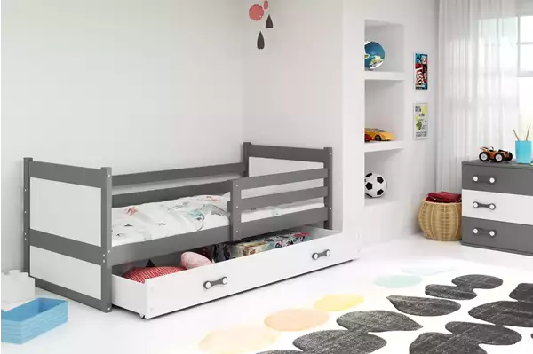 Visualisering av Enkel ungdomssäng RICO 90X190 med låda, grafit/vit