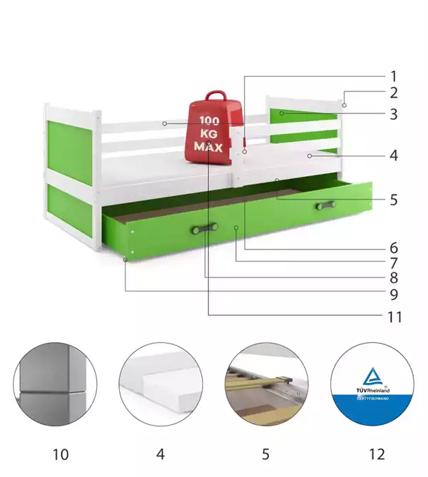 Beståndsdelar för Enkel ungdomssäng RICO 90X190 med låda, vit/grön Beståndsdelar för Enkel ungdomssäng RICO 90X190 med låda, vit/grön