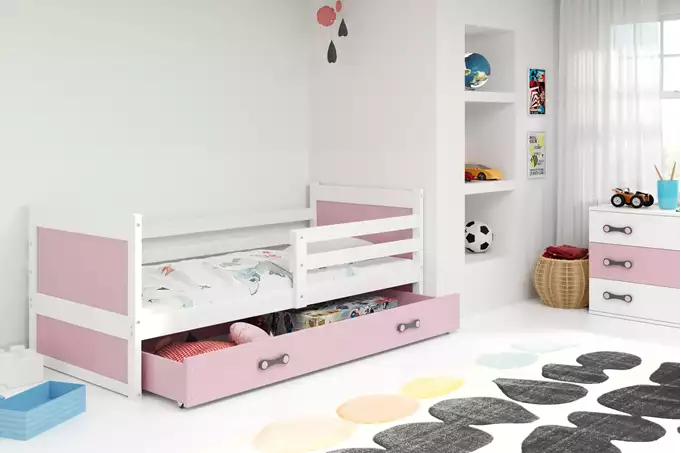 Visualisering av Enkel ungdomssäng RICO 90X190 med låda, vit/rosa