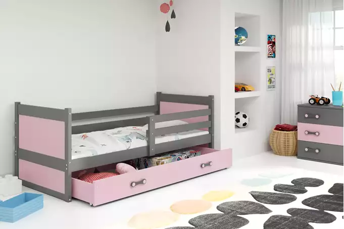Visualisering av Enkel ungdomssäng RICO 90X190 med madrass och låda, grafit/rosa