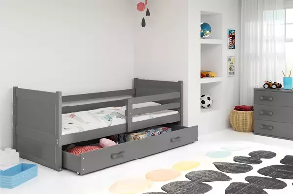 Visualisering av Enkel ungdomssäng RICO 90x190 med madrass och låda, grafit Visualisering av Enkel ungdomssäng RICO 90x190 med madrass och låda, grafit