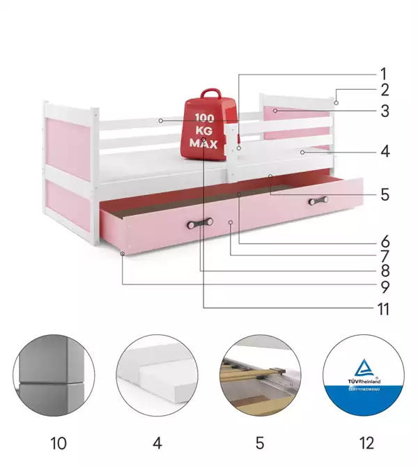 Beståndsdelar för Enkel ungdomssäng RICO 90X190 med madrass och låda, vit/rosa Beståndsdelar för Enkel ungdomssäng RICO 90X190 med madrass och låda, vit/rosa