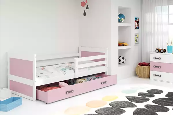 Visualisering av Enkel ungdomssäng RICO 90X190 med madrass och låda, vit/rosa Visualisering av Enkel ungdomssäng RICO 90X190 med madrass och låda, vit/rosa