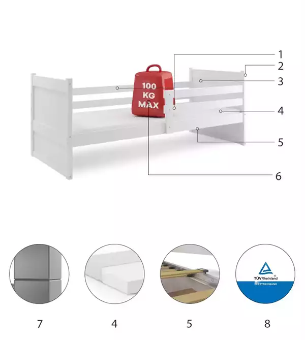 Beståndsdelar för Enkel ungdomssäng RICO 90X190 med madrass, vit Beståndsdelar för Enkel ungdomssäng RICO 90X190 med madrass, vit