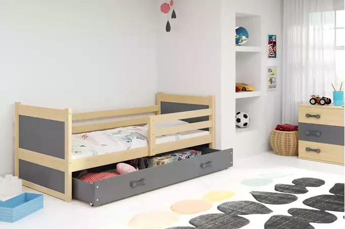 Visualisering av Enkel ungdomssäng RICO 90X200 med låda, furu/grafit