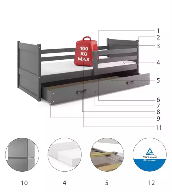 Beståndsdelar för Enkel ungdomssäng RICO 90X200 med låda, grafit Beståndsdelar för Enkel ungdomssäng RICO 90X200 med låda, grafit