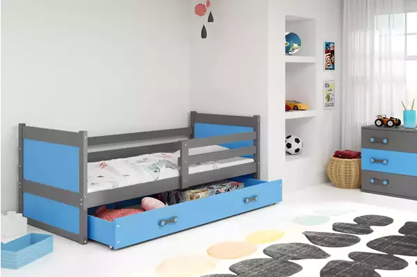Visualisering av Enkel ungdomssäng RICO 90X200 med låda, grafit/blå