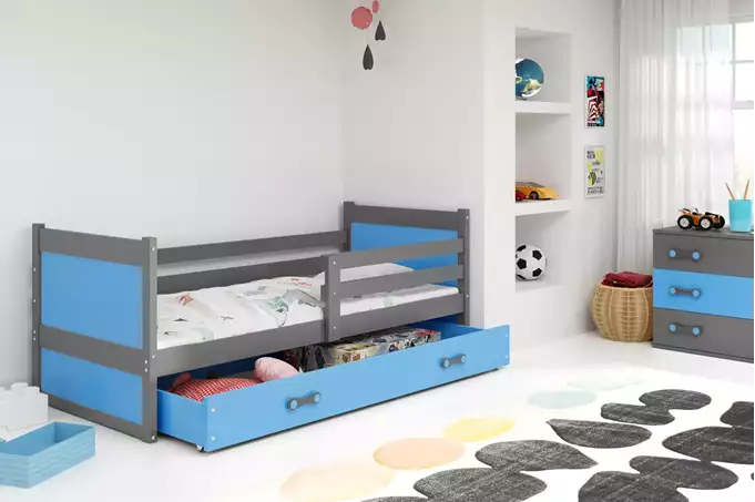 Visualisering av Enkel ungdomssäng RICO 90X200 med låda, grafit/blå