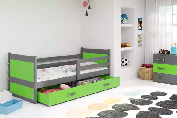 Visualisering av Enkel ungdomssäng RICO 90X200 med låda, grafit/grön