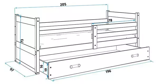 Storlek på Enkel ungdomssäng RICO 90X200 med madrass, furu/rosa Storlek på Enkel ungdomssäng RICO 90X200 med madrass, furu/rosa