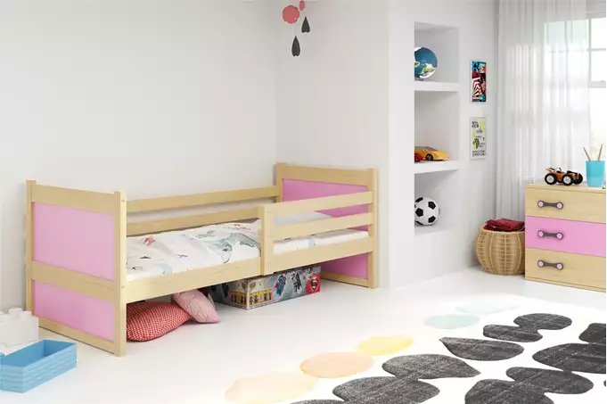 Visualisering av Enkel ungdomssäng RICO 90X200 med madrass, furu/rosa