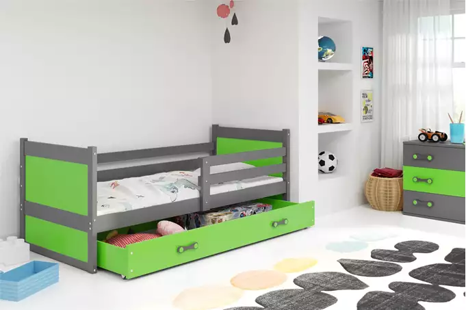 Visualisering av Enkel ungdomssäng RICO 90X200 med madrass och låda, grafit/grön