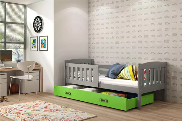 Visualisering av Enkelsäng för barn KUBUŚ 80X160 med låda, grafit/grön Visualisering av Enkelsäng för barn KUBUŚ 80X160 med låda, grafit/grön
