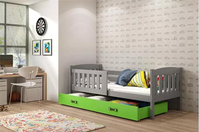 Visualisering av Enkelsäng för barn KUBUŚ 80X160 med låda, grafit/grön