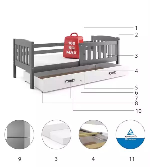 Beståndsdelar för Enkelsäng för barn KUBUŚ 80X160 med låda, grafit/vit