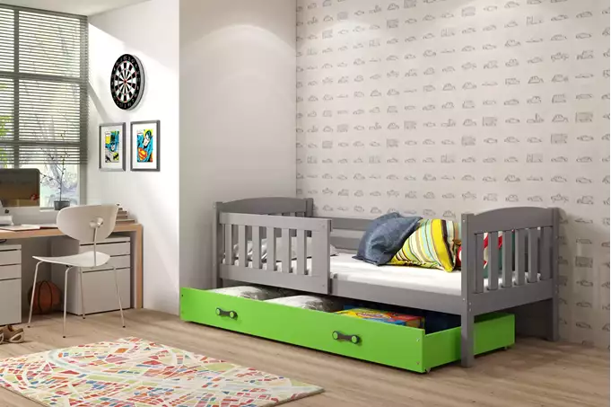 Visualisering av Enkelsäng för barn KUBUŚ 80x160 med madrass och låda, grafit/grön